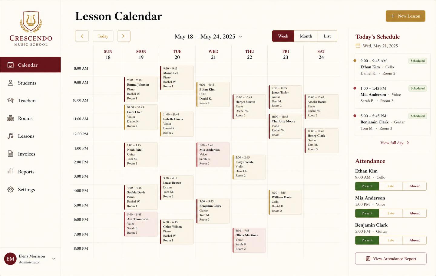Weekly lesson booking calendar with student lessons, teachers, rooms and attendance