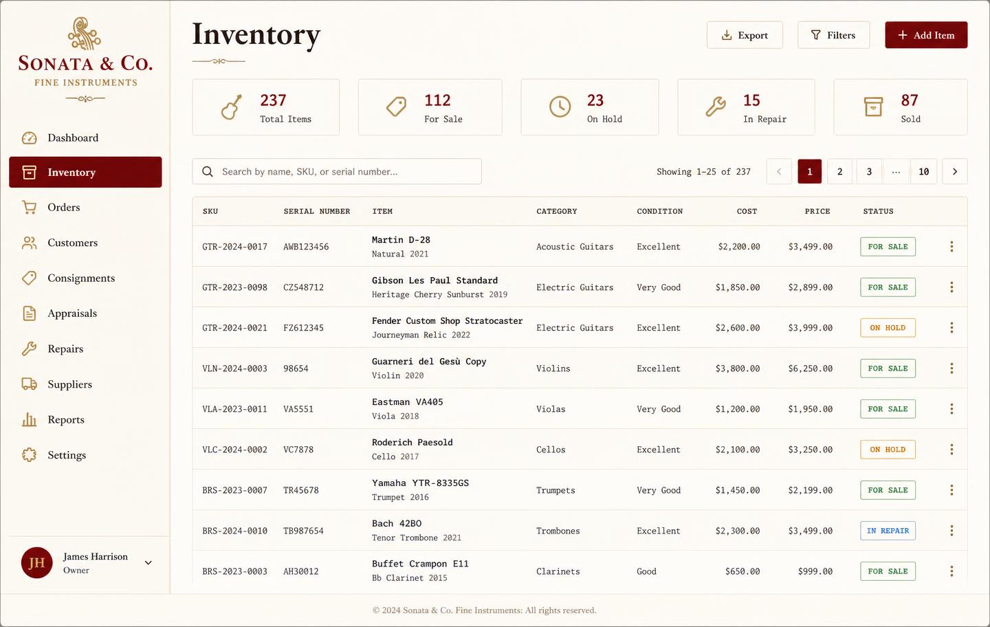 Music shop inventory dashboard listing instruments with SKU, serial number, condition, cost, price and status