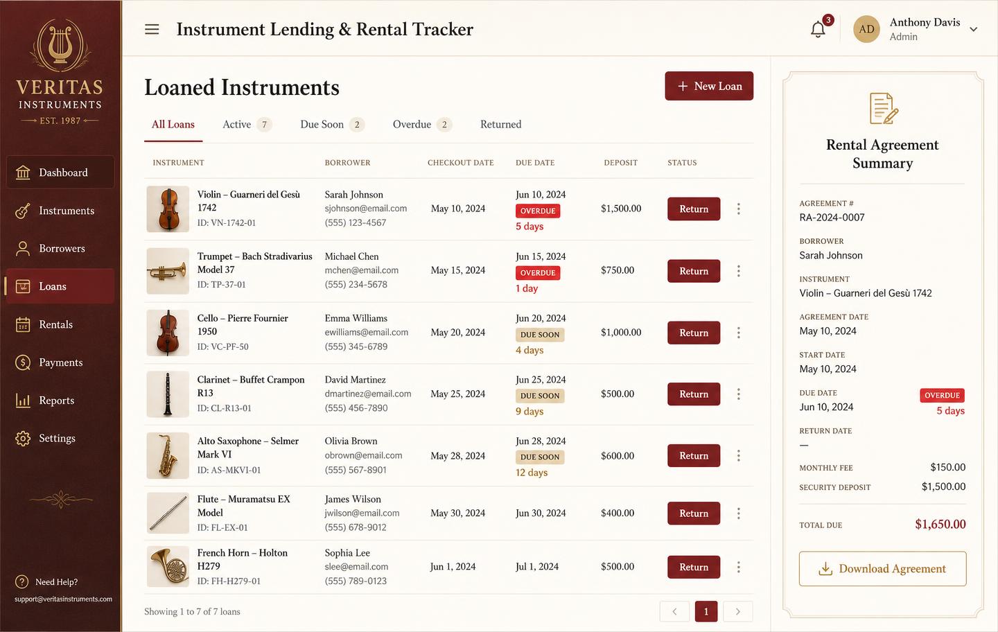 Instrument lending and rental tracker with borrowers, due dates, overdue badges and deposits